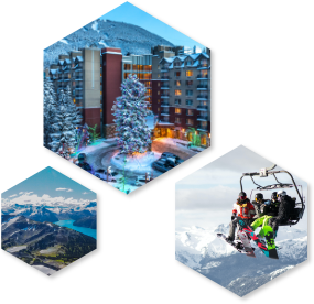 Hexagonal images of the hotel, ski lift and mountain landscape